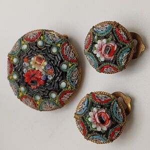 Vintage multicolored micro mosaic pin and clip-on earrings